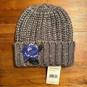 Free People Gray Knit Beanie with Blue Rose